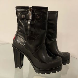 Leather Hunter Boots. Black heeled Lug sole